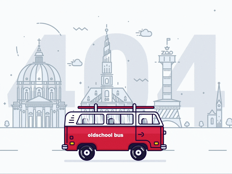 404 Page Animation 404 animation bus city error icons outline page retro town vintage vw