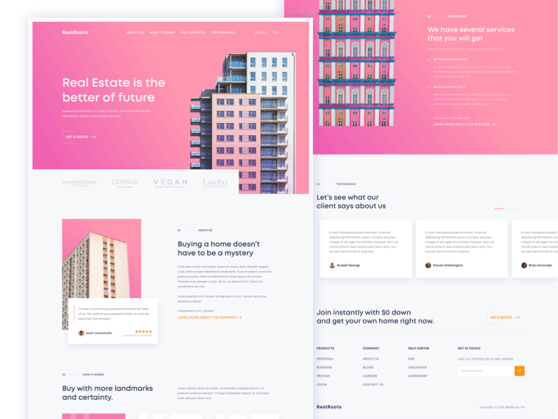 RestRoot - UI Interaction buy card clean design family home house interaction landing page pink property real estate simple ui ui design ui ux user interface ux website