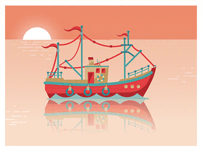 busy ocean boat cargo container fish illustration lighthouse ocean sea ship sunset vector whale