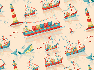 Sea pattern cargo container illustration lasseundbosse lighthouse sail sea ship vector water wave whale