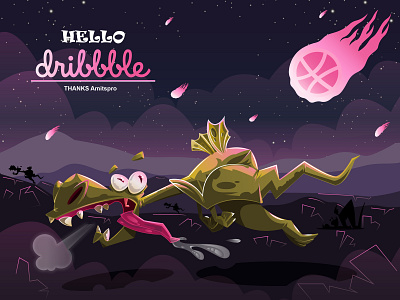 Hello dribbble debut shot dinosaurs hello dribbble illustration meteorite toontrigger