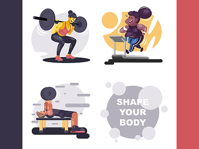Gymnastic Illustrations - Shape Your Body boy branding cartoon characters dumbbells girl gym gymnastic health human illustration lifestyle overweight running sports ui vector weightlifting woman