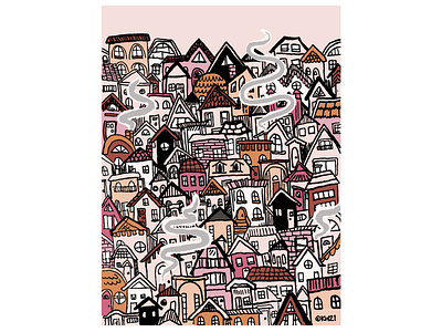 Rosey Town background drawing hand drawn houses illustration pattern print rose colored