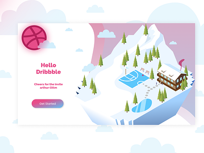 Hello Dribbble basketball chalet clouds debut design illustration mountain ski snow vector