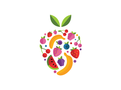 Eat fruits, kids! banana berries blueberies cherries creative fruits healthy logo mark nutrition strawberry watermelon