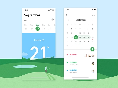 Calendar UI Design app blue calendar calendar app calendar design calendar page color date date plan design green illustration plan september sunny todo list ui ui display weather weather app