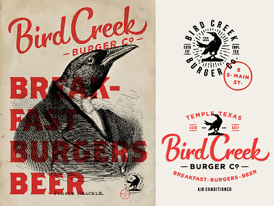 Bird Creek Burger Co. badge beer bird breakfast burgers creek custom type grackle hand lettering logo stamp temple texas