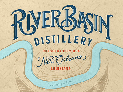 River Basin Distillery Bottle Hero crescent crescent city distillery distilling logotype louisiana new orleans rye spirits whiskey