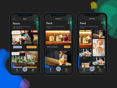 Make Me A Cocktail app - Dark theme app app design application application ui cocktail feed grid icon design make me a cocktail mybar photo grid photos product design ui ui design uiux ux ux design