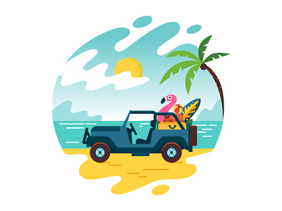 Trip to the sea automobile cartoon color cute design flat illustration sea trip vacation vector