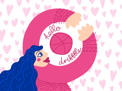 Hello dribbble! blue design dribbble flat girl hands hello illustration line love pink postcard shape vector