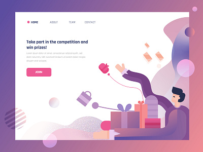 Vector illustration in a flat style. Take part in the competitio character character design competition design flat illustration flatdesign gift gradient header homepage human illustration man people pink prizes reward vector violet