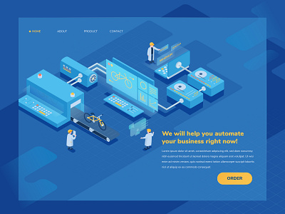 Vector isometric illustration on the website art automatic computer design engineers factory homepage illustration isometric process product service steps vector website