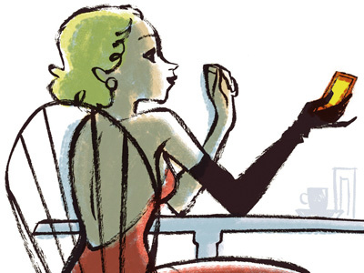 Woman at the cafe with mobile phone. illustration sketchbook woman