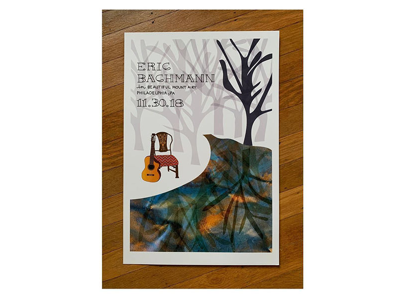 Eric Bachmann poster philadelphia hand lettering lettering mixed media concerts indie rock rock n roll woods trees chair creek nature guitar illustration concert poster concert
