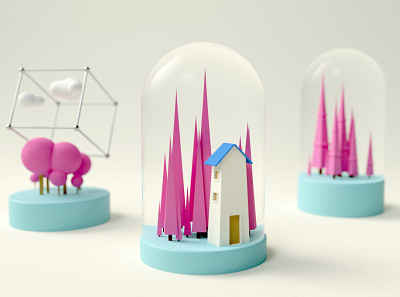 Abstract House 3d 3d art 3d artist c4d cage candy cartoon clean cloud cone cube cyan forest home hourglass house pine pink silver sphere