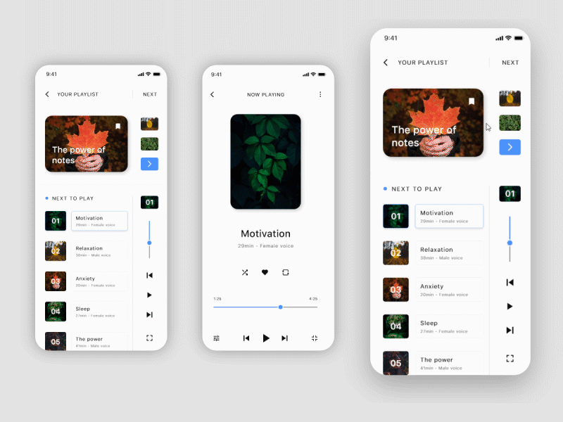 Music player meditation app app design clean design download ios iphone meditate meditation minimal music music app player prototype ui design ui kit ui ux