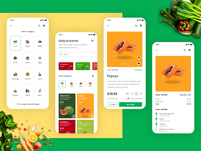 Grocery store iOS app design add to cart app clean design design ecommerce food food delivery food delivery app fruit grocery illustraion kajal kashyap menu minimal mobile product design store ui design uiux