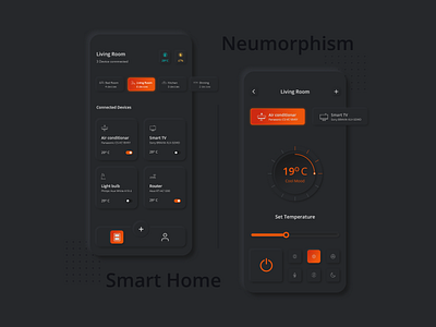 Smart Home - Dark Neumorphism Soft UI Design app app design clean colors digital gradient iphone minimal mobile neumorphism round shadow skeuomorphic smart app smart home soft ui design ui uiux