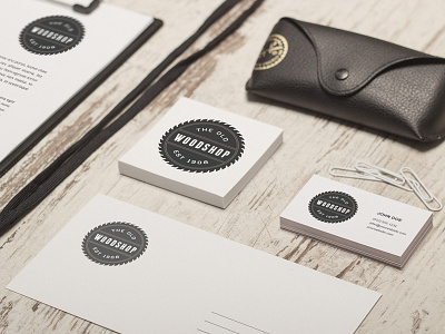 The Old Woodshop industrial logo mockup retro saw blade stationery vintage wood woodshop