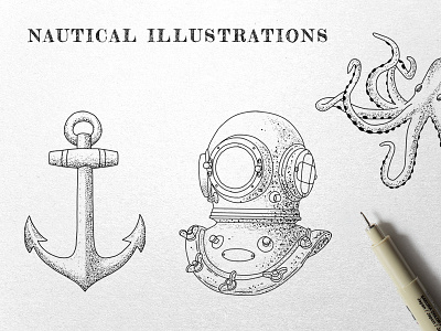 Nautical Ink Illustrations anchor diver handmade illustrations ink nautical octopus stipple vintage