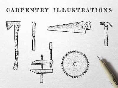 Carpentry Tools Ink Illustrations antique axe carpentry drawing hammer handmade illustration saw sketch tools vintage woodworking