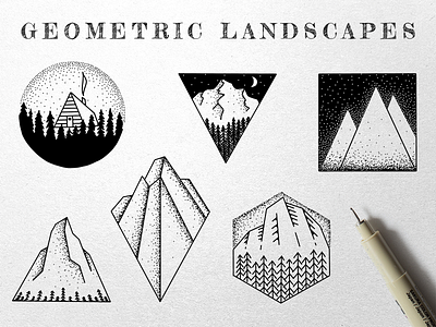 Geometric Landscape Illustrations drawing geometric illustrations ink landscape mountains nature outdoors sketch stars trees