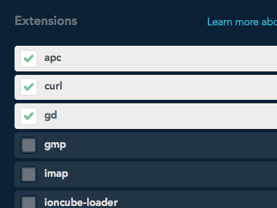 PHP Extensions avenir checkbox menu configuration