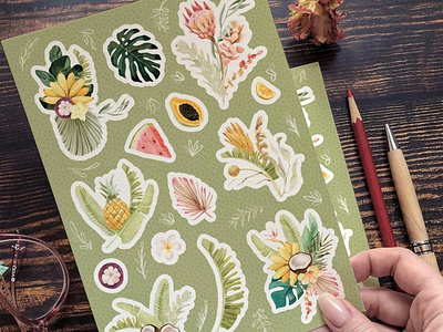 Tropical fruits and leaves stickers illustration stickers tropical watercolor