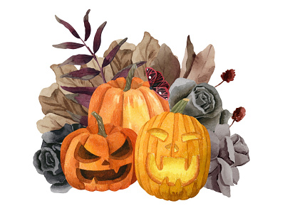 Pumpkins autumn halloween illustration orange pumpkin watercolor