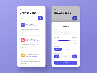 Jobs Finder — Mobile App design filter job application job listing jobseeker mobile ui ux