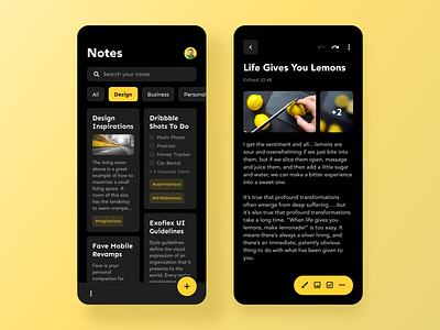 Simple Notes (Dark Mode) — Mobile App adobe xd app card design cards design detail page floating action button floating button grid layout minimal mobile notes notes app tags ui ux