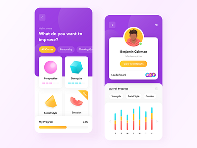 Mobile Quiz & Course — Mobile App 3d 3d object app avatars card cards ui chart charts course course app courses design gradient mobile profiles quiz quiz app tags ui ux