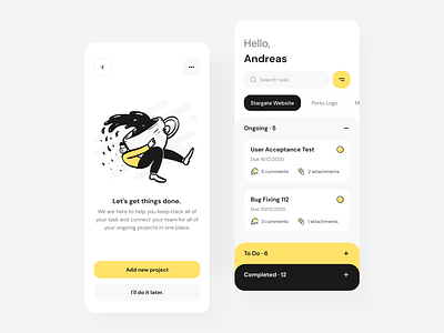 Project Tracker — Mobile App Concept accordion button design card design cards ui clean design detail page filter illustration minimal mobile project management search bar tag to do to do list ui ux yellow