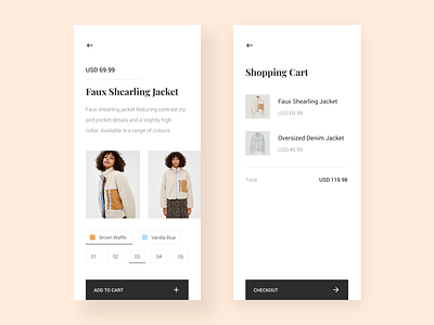 Fashion E-Commerce app design design detail page ecommerce fashion fashion app minimal mobile shopping cart ui ux