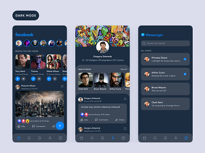 Facebook redesign | Dark Mode app app design app ui dark mode design facebook feed home messenger product product design profile social network ui user interface
