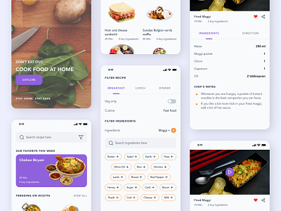 Introducing Ricette | Online food recipe app app app design app ui design filter ui food app home screen recipe recipe app search results ui user interface video player