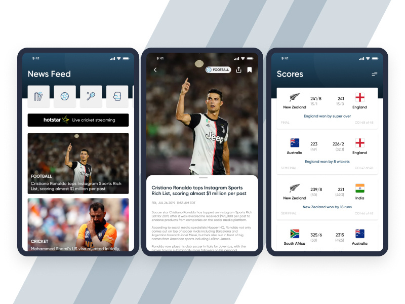 Sports news app by Shrinidhi Gour on Dribbble
