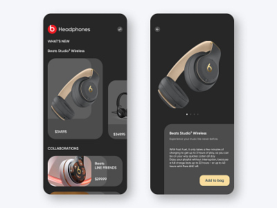 E-commerce concept UI for Beats by Dre app app design app ui dark mode design e commerce product page search results shopping app tech ui user interface