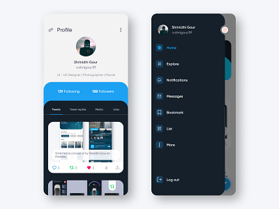Profile & side menu | twitter redesigned concept UI app app design app ui design profile profile design side menu social media twitter twitter feed ui user interface