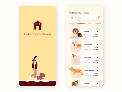 Dog adoption app concept UI adoption animals app app design app ui design dog pets search splashscreen ui user interface vector