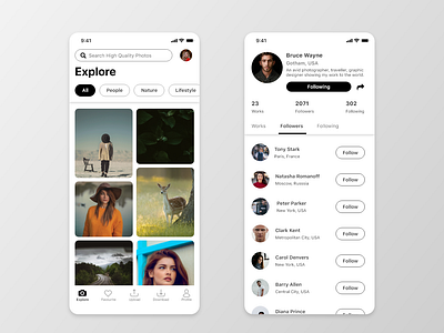 Photographer Based App Designs about adobe xd app black and white clean ui design explore filters follow followers following images minimalist profile search share ui user experience user interface works