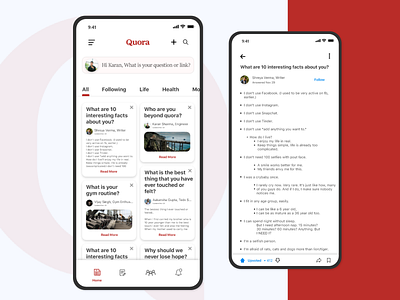 Quora App Redesign about about page answer app branding clean ui design follow homepage life menu question quora read reading app search upvote user experience ux vector