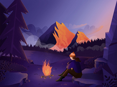 Fire character illustration landscape mountains wood