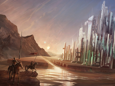 Passing By carolin vogt city concept futuristic horses mountains sunset