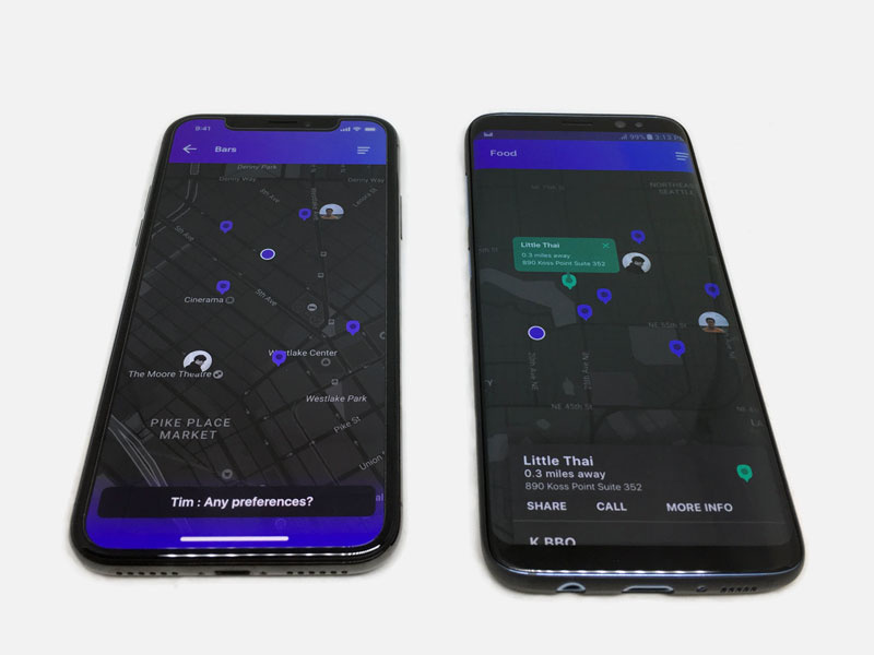 Mapsenger for X and S8, on real device mockup uidesign android ios galaxys8 iphonex