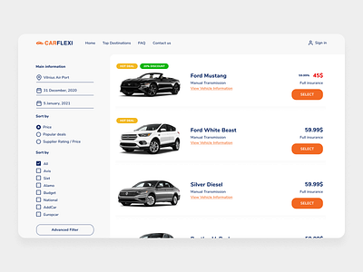 Car rental search results page