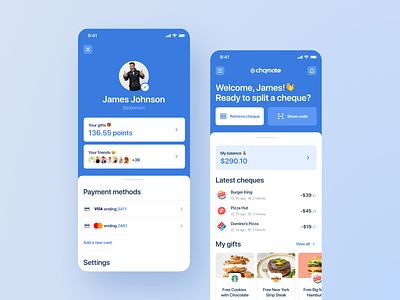 Chqmate. Easy cheque splitting between friends. app blue cafe check cheque clean design food gifts layout mobile mobile app mobile app design profile restaurant ui ui design ux ux design white
