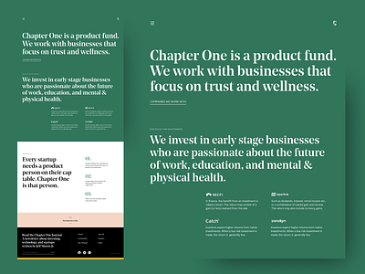 ChapterOne, a product fund for startups business design green invest investing investment investor landing landing page layout shadow startup text typography ui ui design ux website website design