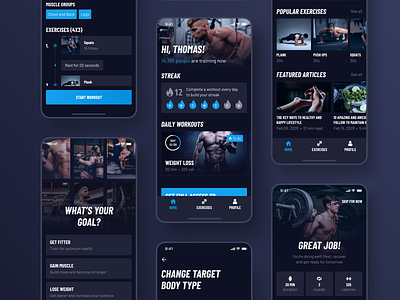 30 Day Fitness Challenge App Redesign. Main screens app dark dark layout design exercise fitness fitness app layout mobile redesign ui ui design uidesign uiux uiux design ux workout workout app